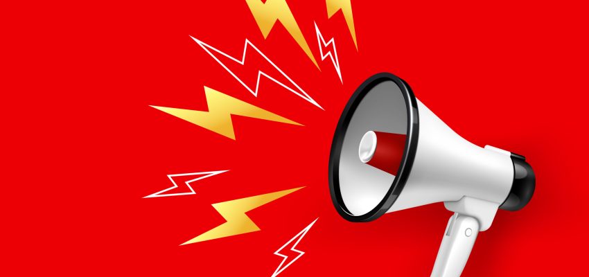 Loudspeaker and megaphone with lightings on red background realistic vector illustration